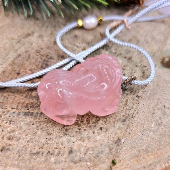 Nature Rose Quartz Pi Xiu Hand Braided Pendant Necklace - Picture 6 of 10